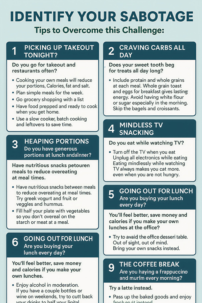 infographic with healthy eating tips to overcome the ways we sabotage our diet.