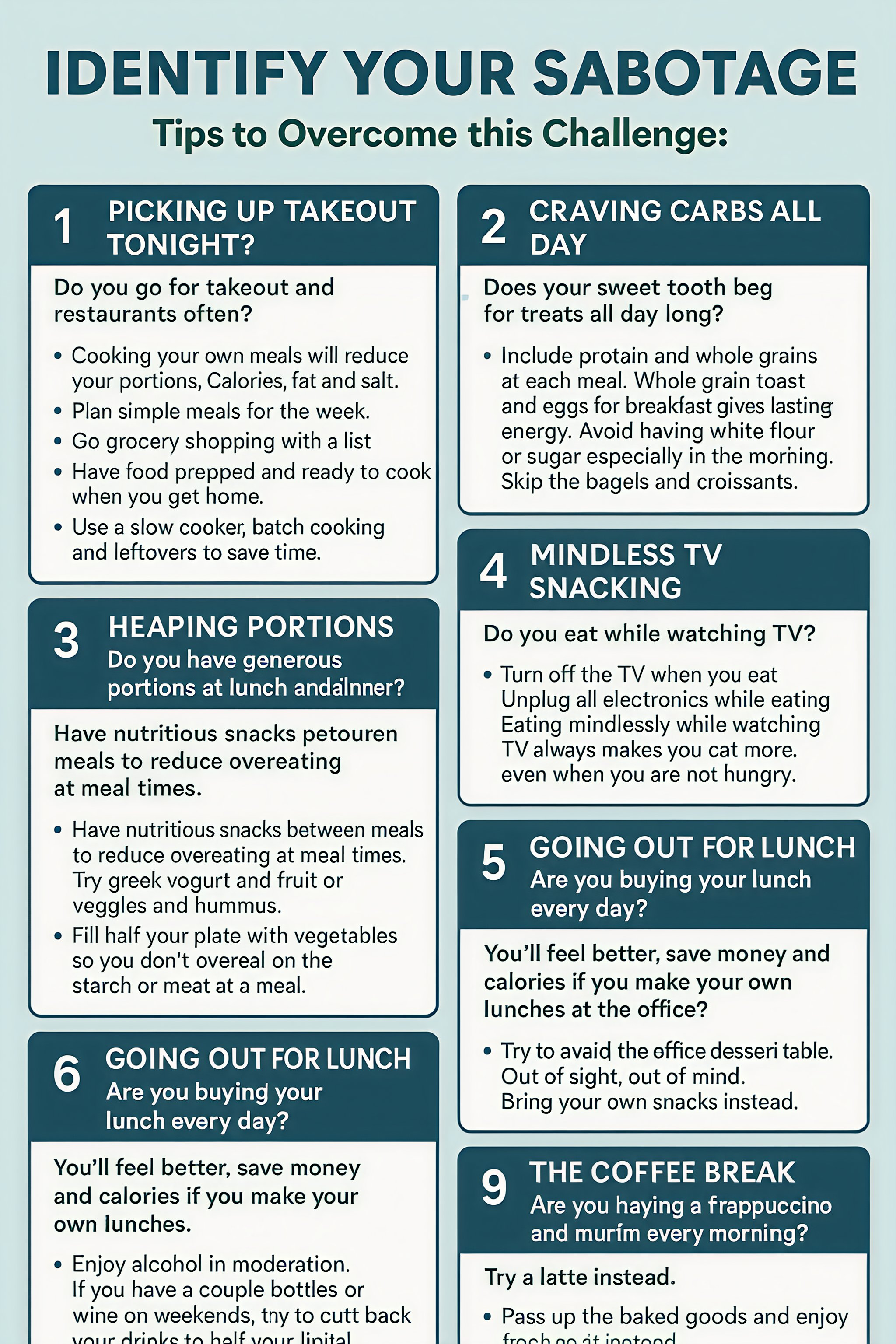 infographic with healthy eating tips to overcome the ways we sabotage our diet.