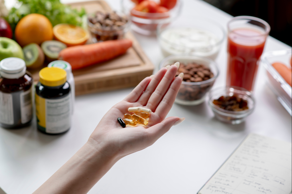 natural supplement bottles on a counter and vitamin pills in a hand.