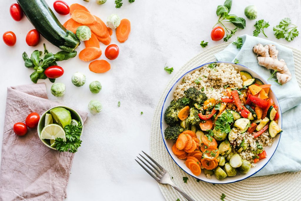 dinner plate filled with vegetables and rice
