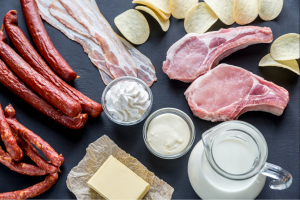 dairy foods and meat high in saturated fat on table