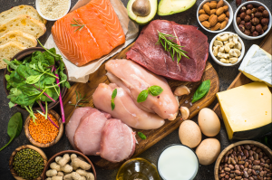 protein foods displayed on a table