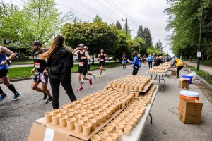 The disposable cups at an Aid Station at BMO Marathon