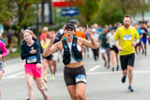 runner with hydration vest racing the BMO marathon