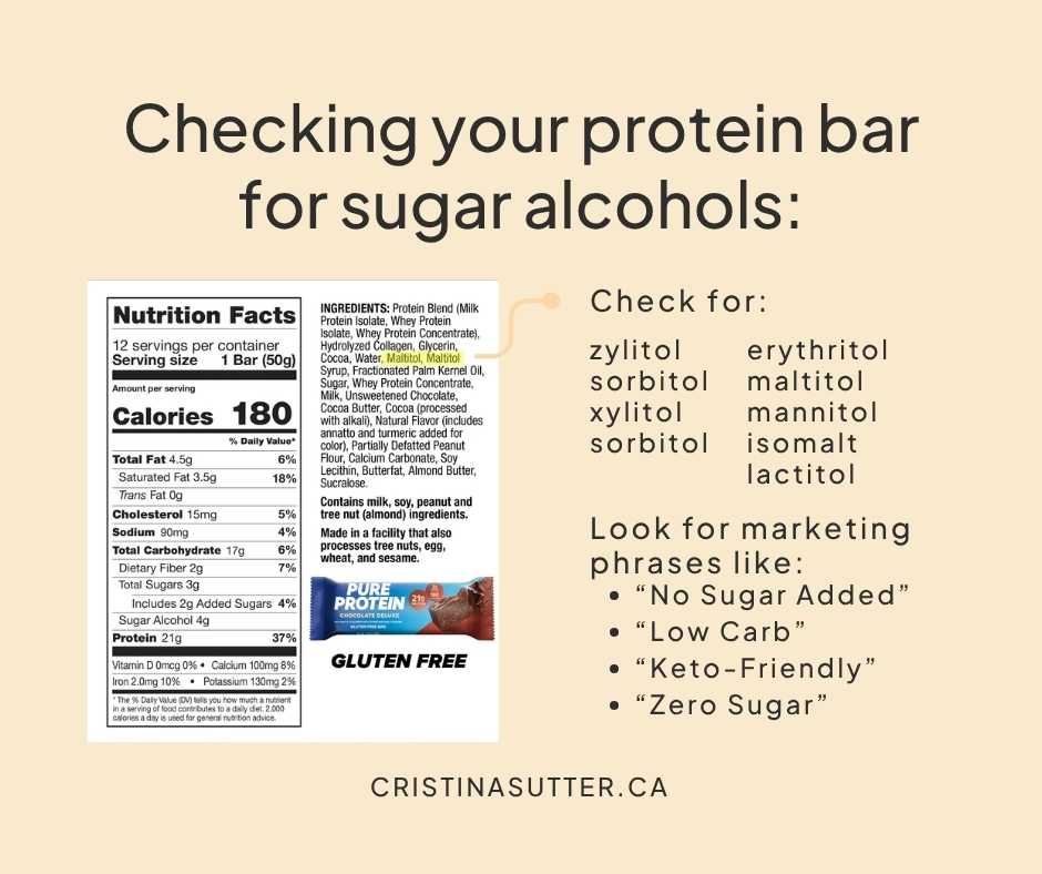 Checking your protein bar for sugar alcohols: Check for zylitol, sorbitol, xylitol, sorbitol, erythritol, maltitol, mannitol, isomalt, lactitol and look for marketing phrases like "no sugar added"