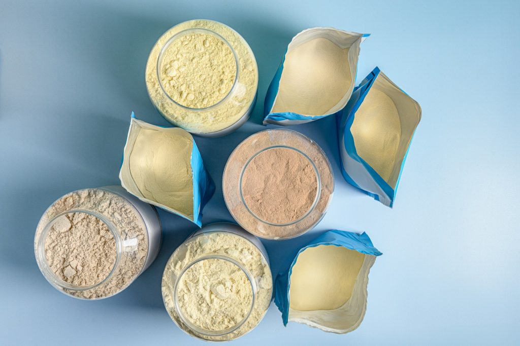 open bags of protein powders